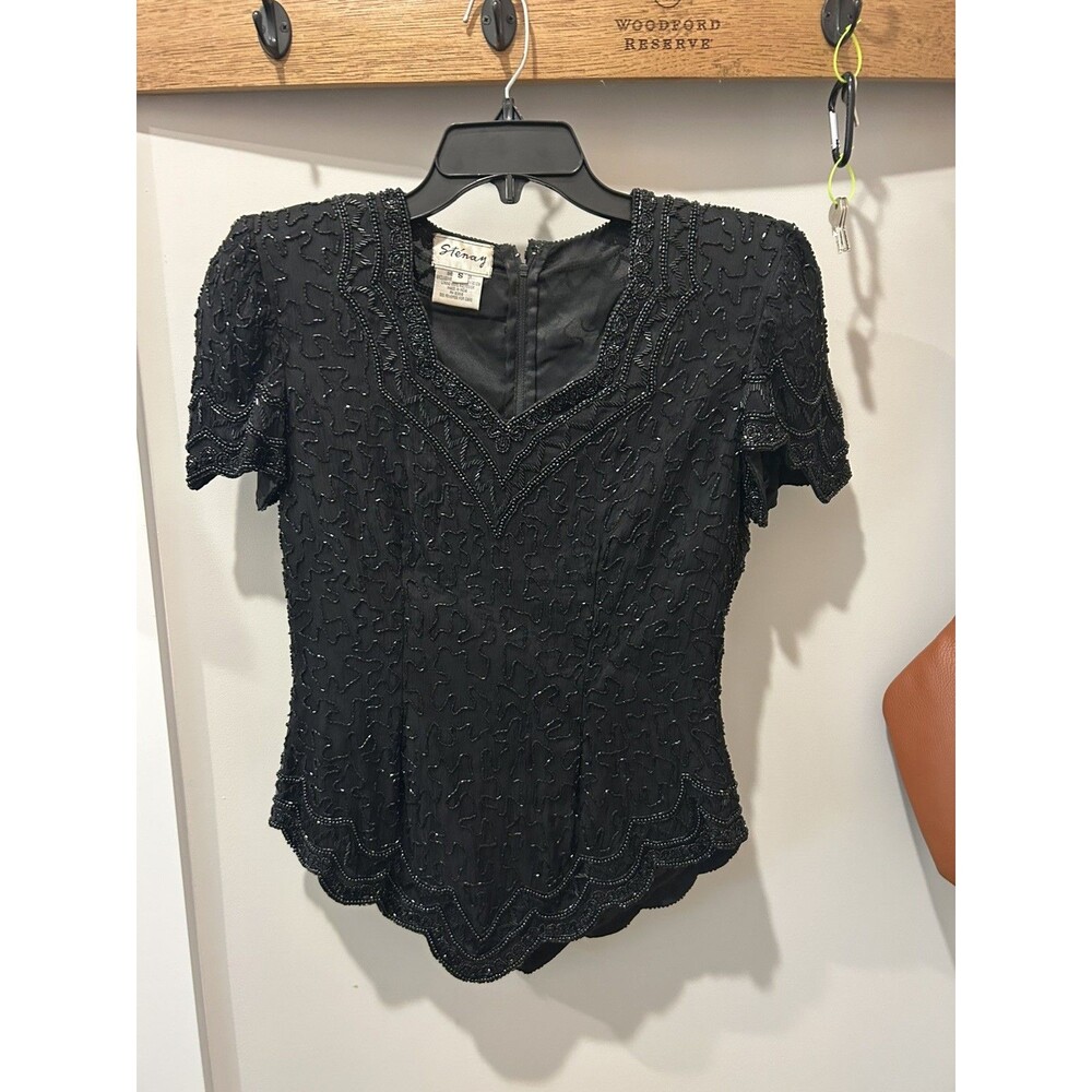 Vintage Silk Beaded Sequin Top Black Size Small Stenay Holiday Party Blouse